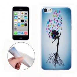 Coque iPhone 5C Silicone fine motif femme - Blanche / bleu