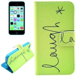 Housse iPhone 5C rabat porte-cartes intégré motif "Laugh" - vert