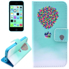 housse iPhone 5C rabat porte-cartes intégré motif "maison ballons" - bleu