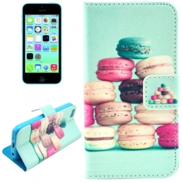 Housse iPhone 5C rabat porte-cartes intégré motif "macaron" - vert