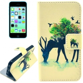 housse iPhone 5C rabat porte-cartes intégré motif "cerf" - beige