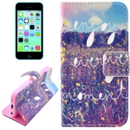 Housse iPhone 5C rabat porte-cartes intégré motif "enjoy every moment"