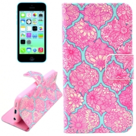 housse iPhone 5C rabat porte-cartes intégré motif floral - Rose / Bleu